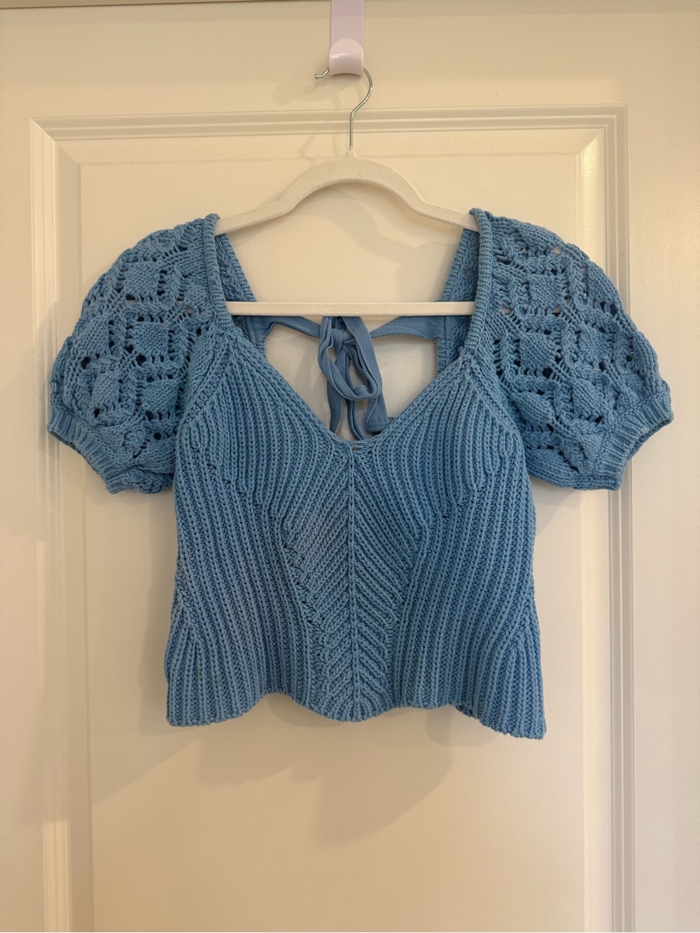 Jonathan Simkhai Allison Ribbed Crochet Knit Crop Top-Blue